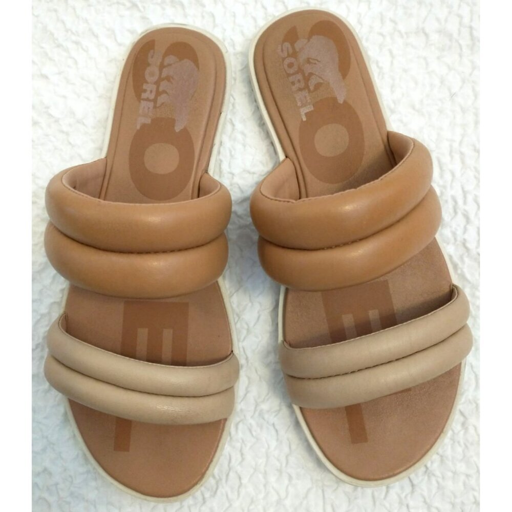 Sorel Women's Ella II Leather Slides Puff Sandals Flats Beige Tan - Size 8.5M